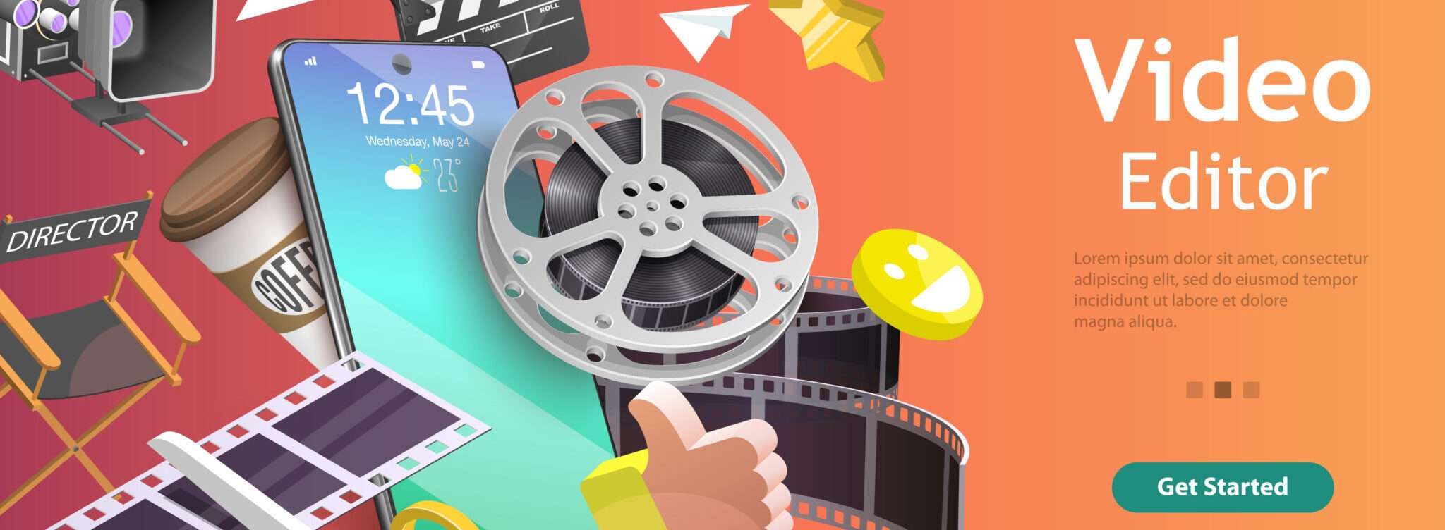 カメラを持った手を持つ韓国のビデオ編集者のランディング ページ。