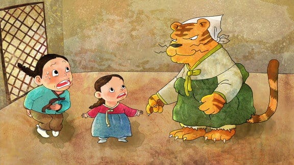 韓国のトラと少女の漫画イラスト。