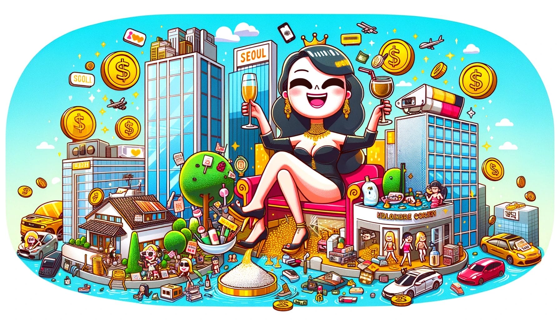 「韓国」というキーワードをフィーチャーした、ワインを飲みながら椅子に座る女性の漫画。