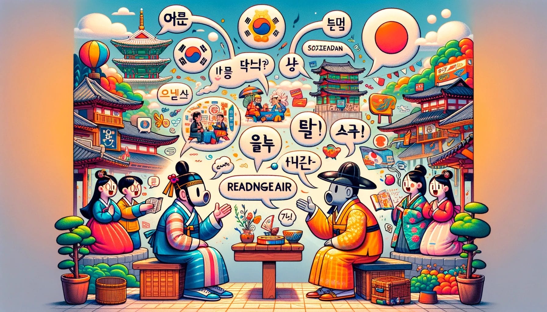 韓国語表現と空気を読むを示すテーブルに座っている人々の漫画。