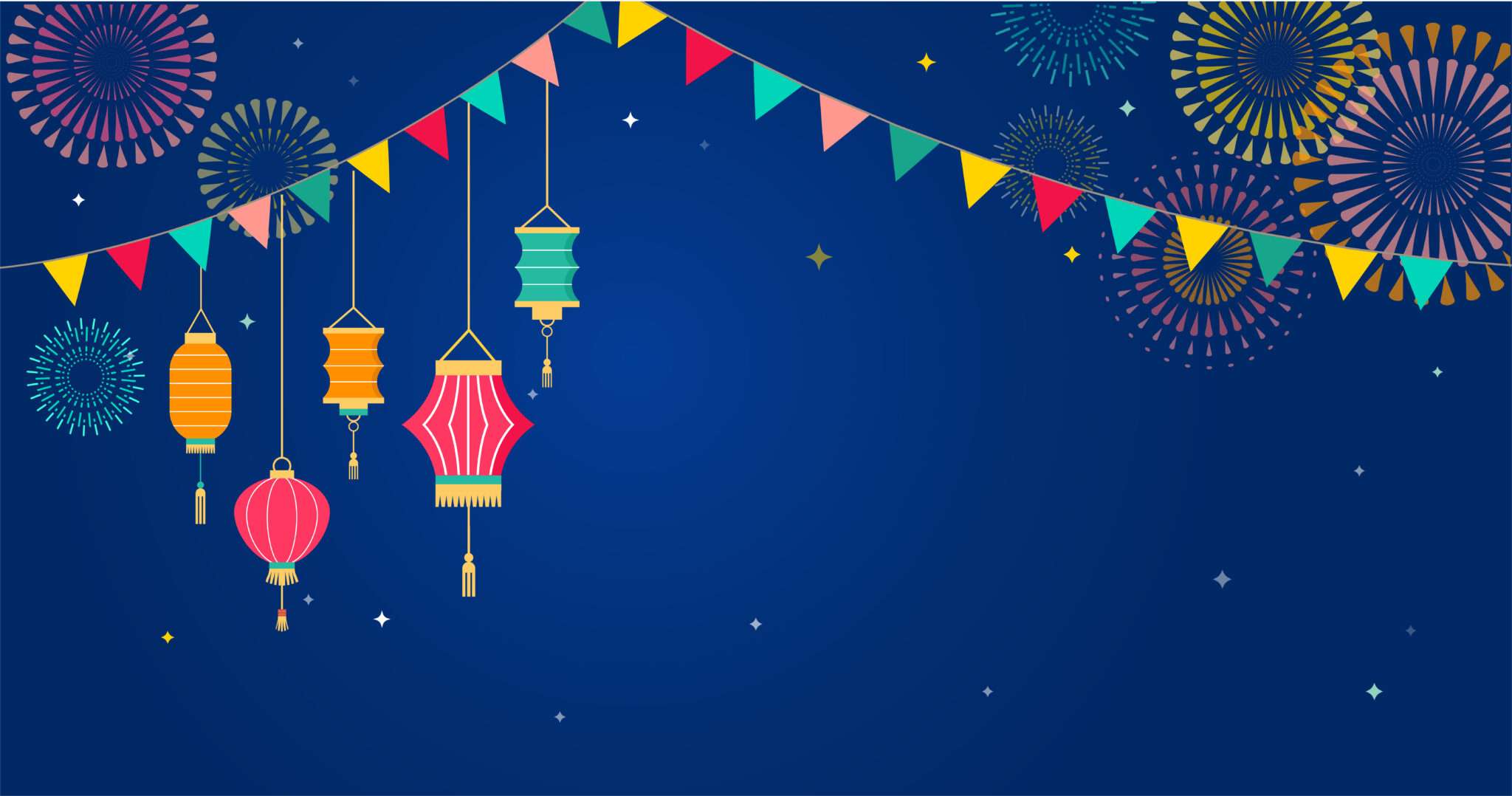 中国の旧正月の背景に提灯、花火。