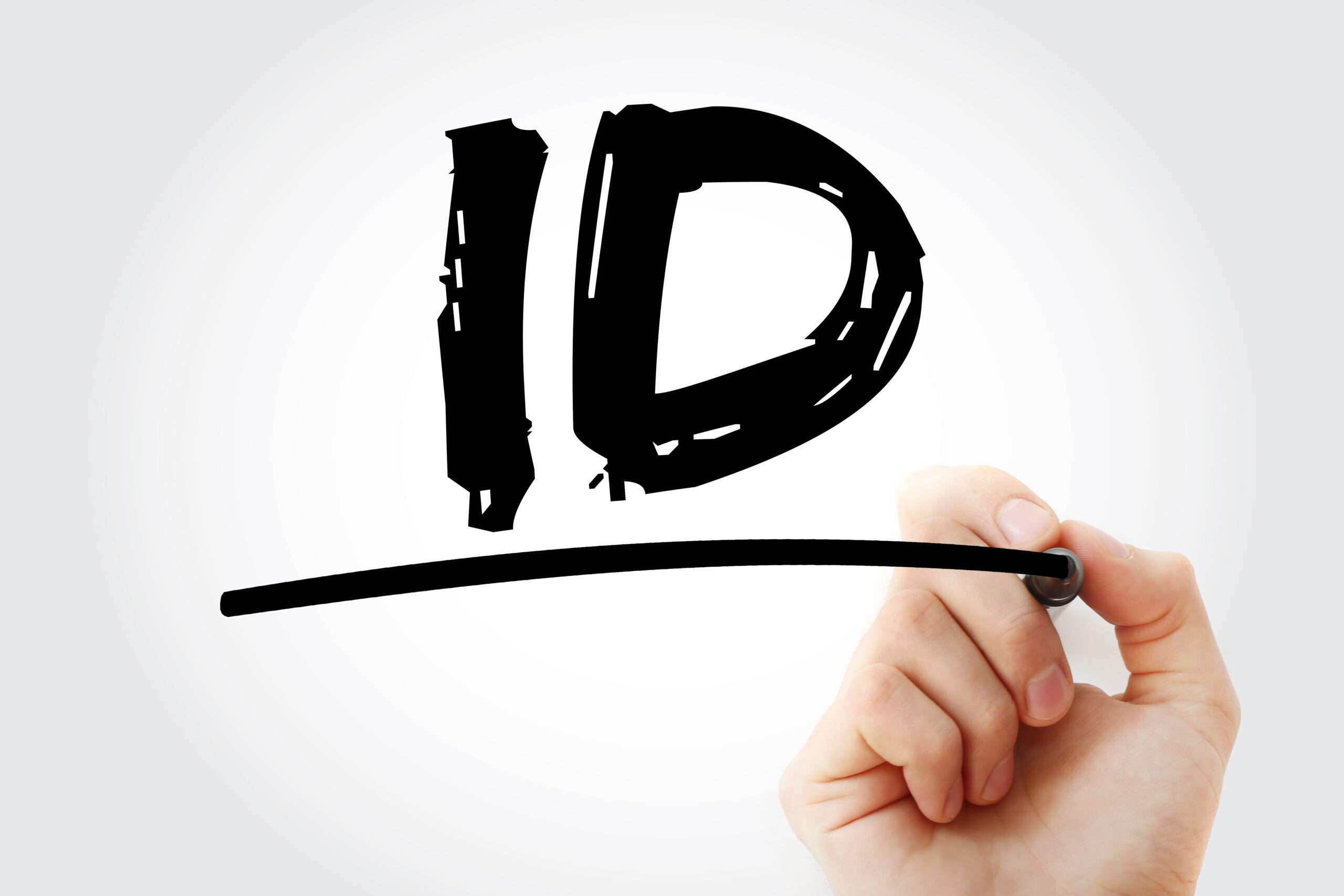 白い背景に「id」という単語を描く手。 白い背景に「id」という単語を描く手。