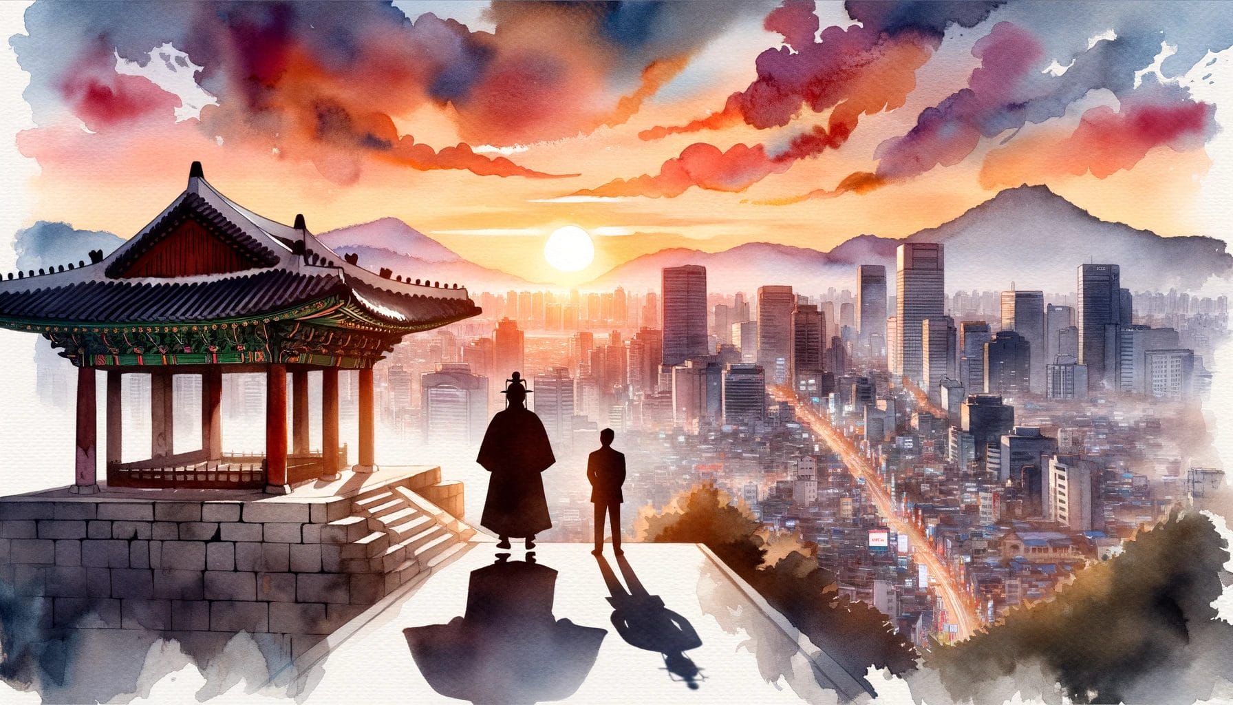 説明: 韓国映画「王になった男」における韓国大統領のリーダーシップにインスピレーションを得た、塔の上に立つ 2 人の人物を描いた水彩画です。