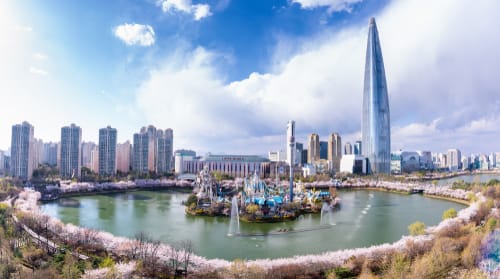 桜を背景にソウルの韓国のスカイライン。 桜を背景にソウルの韓国のスカイライン。