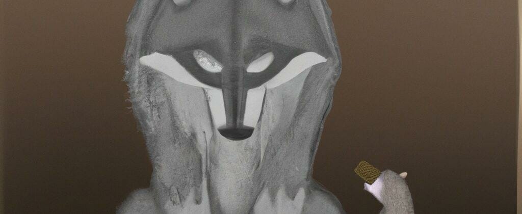 韓国文化からインスピレーションを得た、クマの隣に立つオオカミの絵。 韓国文化からインスピレーションを得た、クマの隣に立つオオカミの絵。