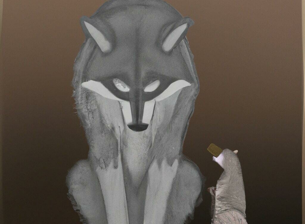 韓国文化からインスピレーションを得た、クマの隣に立つオオカミの絵。 韓国文化からインスピレーションを得た、クマの隣に立つオオカミの絵。