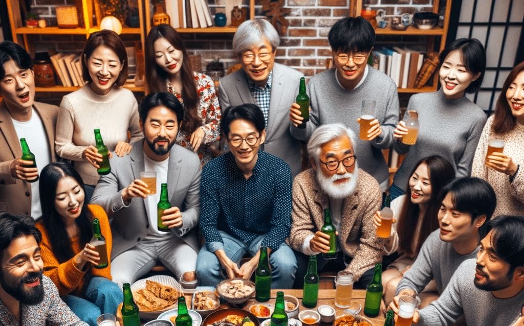 テーブルの周りに座ってビールを飲む人々のグループ。 (韓国の飲み会文化「お酒」に関する韓国 テーブルの周りに座ってビールを飲む人々のグループ。 (韓国の飲み会文化「お酒」に関する韓国