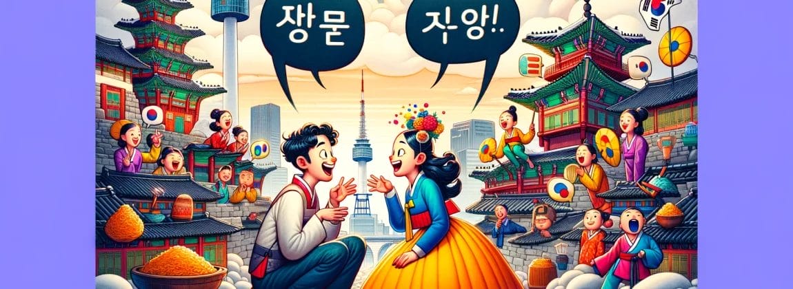 韓国の伝統衣装を着た男女が吹き出しで友好的に会話している。