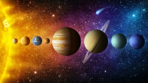 太陽系と惑星を背景に、宇宙探査の驚異を紹介します。