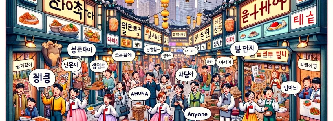 아무~(이)나で話しながら歩き回る人々がいる韓国の市場のイラスト。