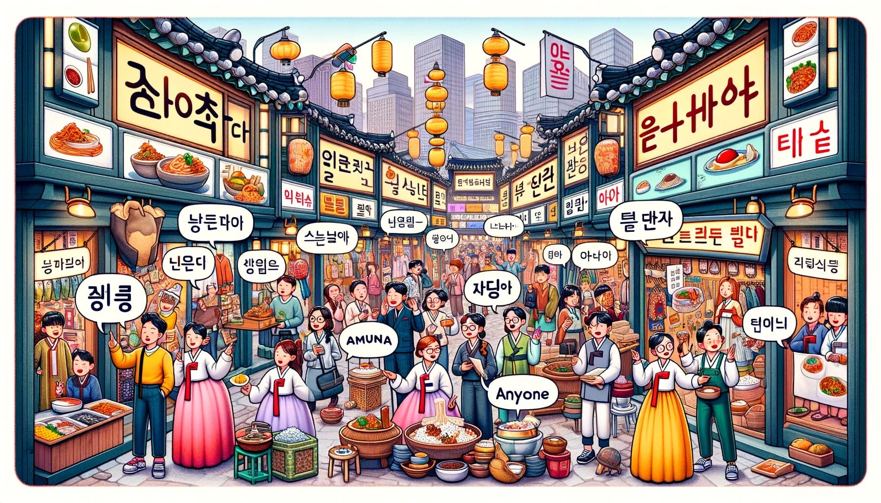 아무~(이)나で話しながら歩き回る人々がいる韓国の市場のイラスト。 아무~(이)나で話しながら歩き回る人々がいる韓国の市場のイラスト。