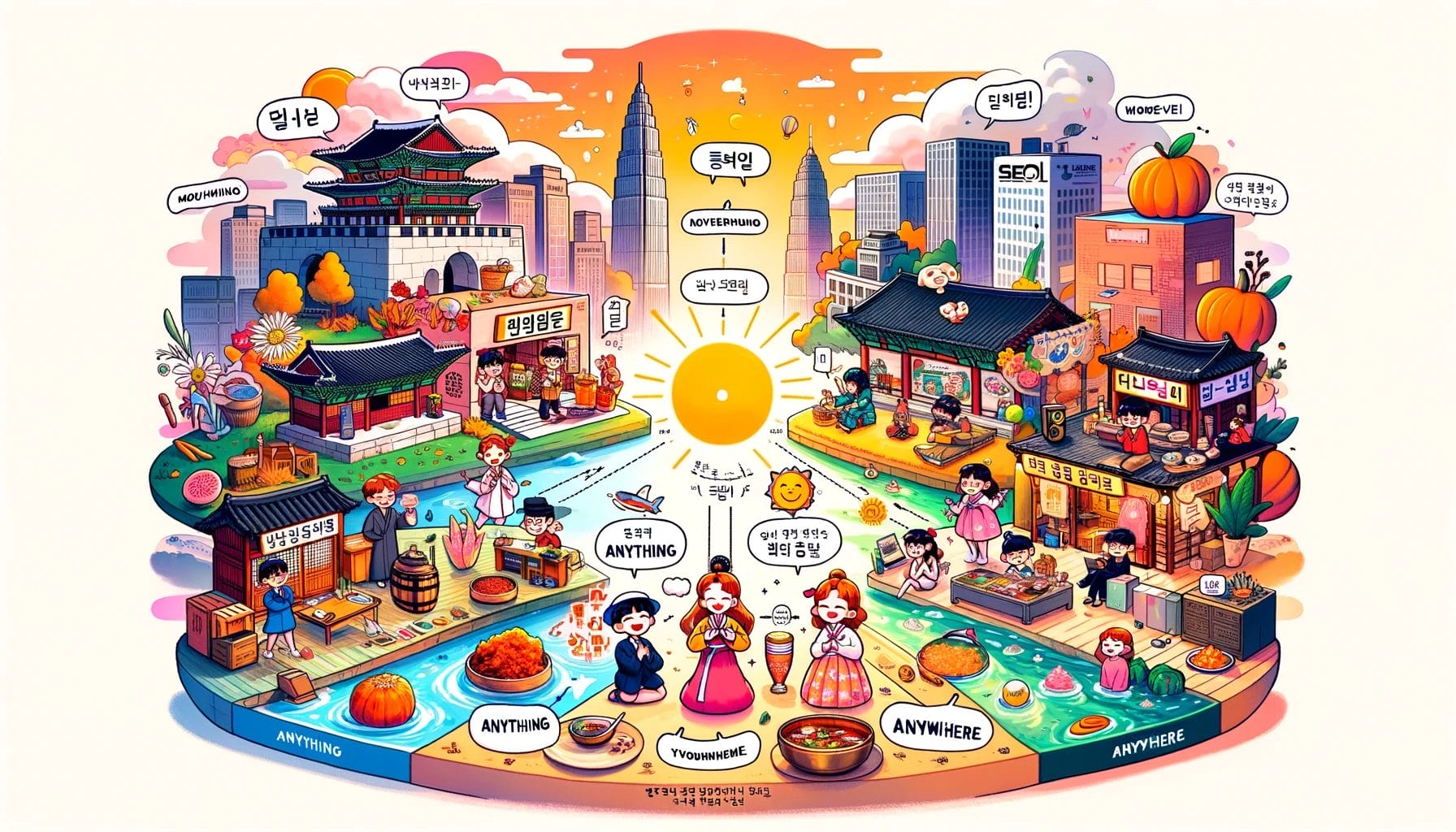 多くの人が住む都市のイラスト。韓国人の人口が多いことに代表される文化的多様性を強調し、用法を区別するための効果的な方法を示しています。