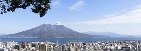 澄み切った青空の下、水に囲まれた大きな火山を背景にした、魅惑的な鹿児島市の眺め。木の枝が上の角を縁取り、絵のように美しい魅力を添えています。韓国語教室での経験と同じくらい活気に満ちた、充実した光景です。