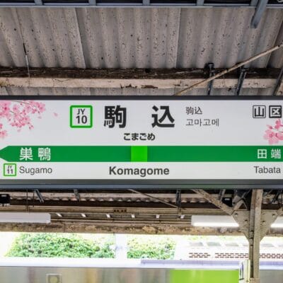 桜で飾られた駅の標識には、巣鴨と田端への道順が日本語と英語で表示されています。駒込の近くにあるこの景勝地は、静かな旅の真髄をとらえています。.