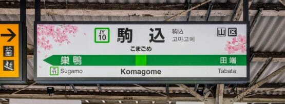 桜で飾られた駅の標識には、巣鴨と田端への道順が日本語と英語で表示されています。駒込の近くにあるこの景勝地は、静かな旅の真髄をとらえています。.