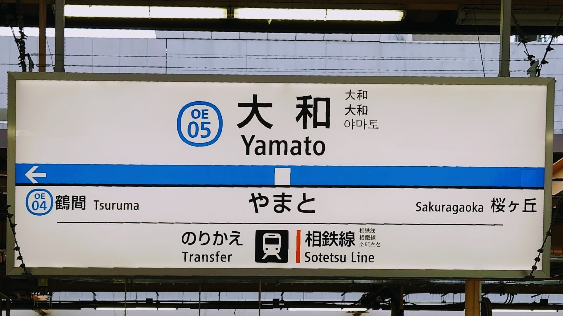 OE 05 線の大和行きの駅標識。鶴間と桜ヶ丘への方向が示されています。相鉄線への乗り換えが可能です。.