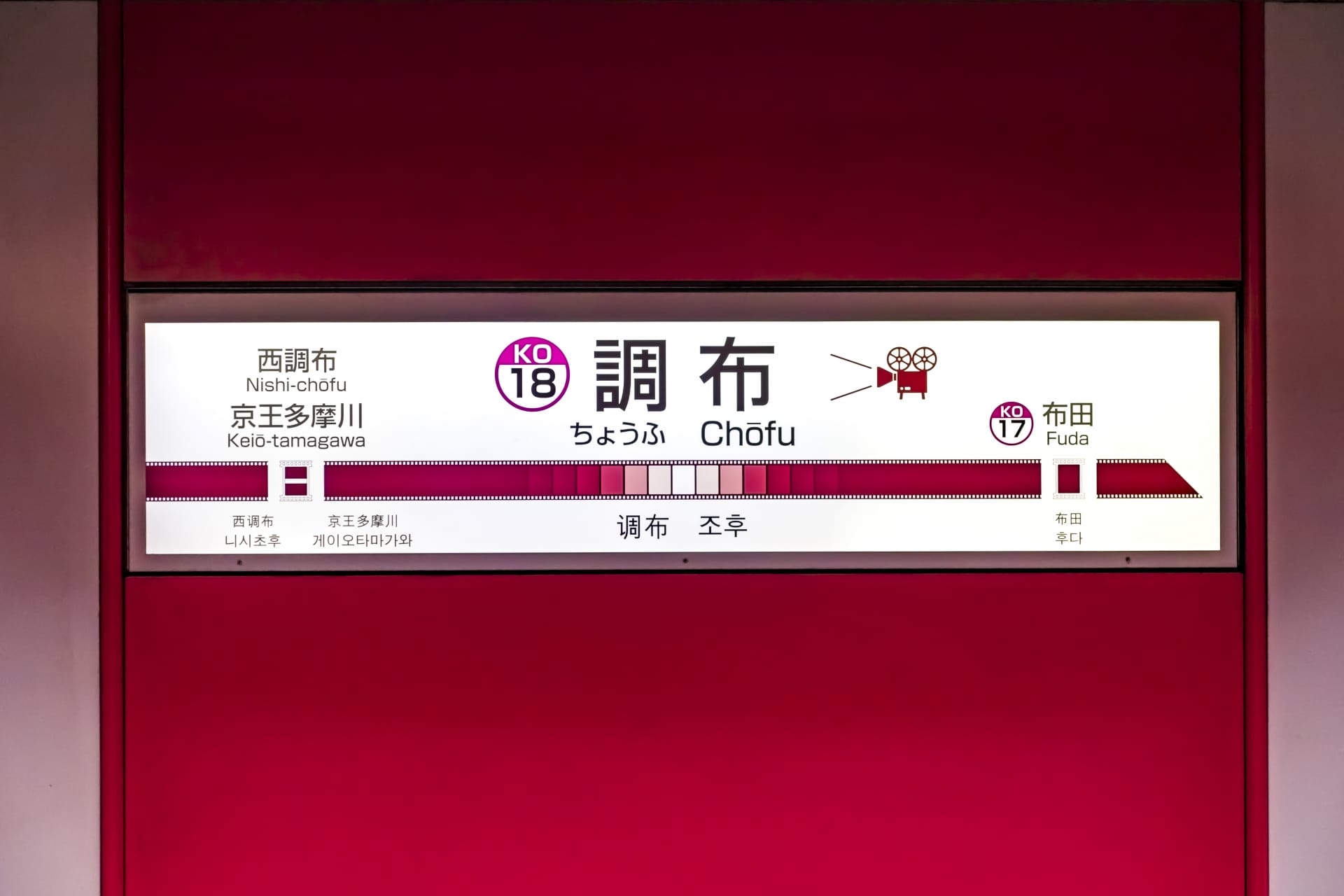 調布駅標識 KO18、西調布駅、京王多摩川駅、布田駅行きの案内が記載されています。背景は赤です。テキストは日本語と英語で書かれており、旅行者や近くの韓国語教室マンツーマンに通っている人に最適です。.