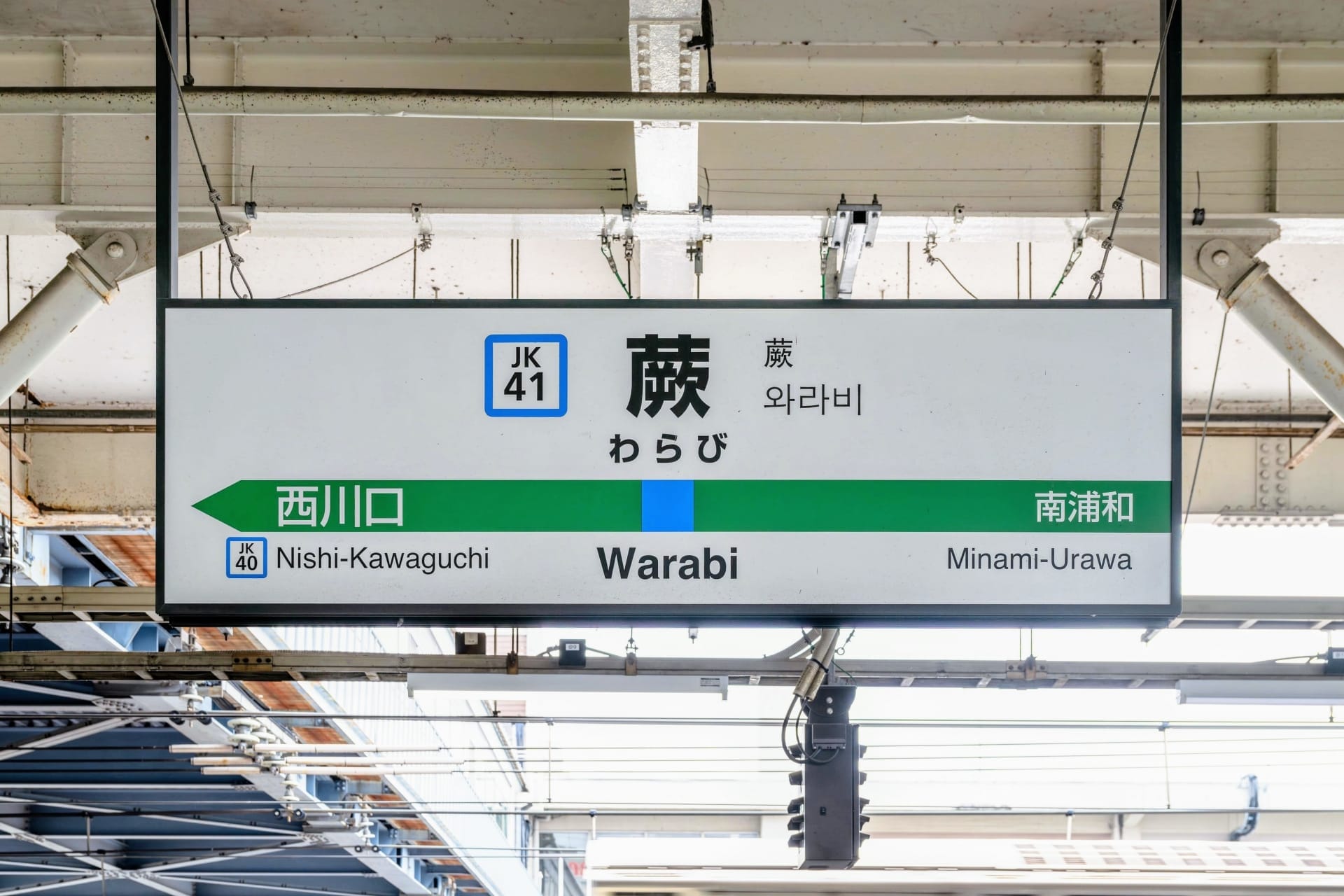 多言語で書かれた日本の駅標識には、左が西川口 (JK40) 行き、右が南浦和 (JK42) 行きの方向が示されています。現在蕨市（JK41）、韓国語教室マンツーマンの近くにあるマンツーマンの韓国語教室です。.