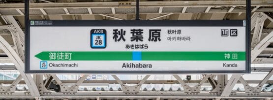 駅のプラットホームは活気に満ち、看板には英語、日本語、韓国語、中国語で「秋葉原」と誇らしげに表示されています。プラットホームの番号は旅行者を案内し、矢印は御徒町と神田を指しています。近くでは、熱心な学習者を待つ韓国語のマンツーマンクラスがあります。.