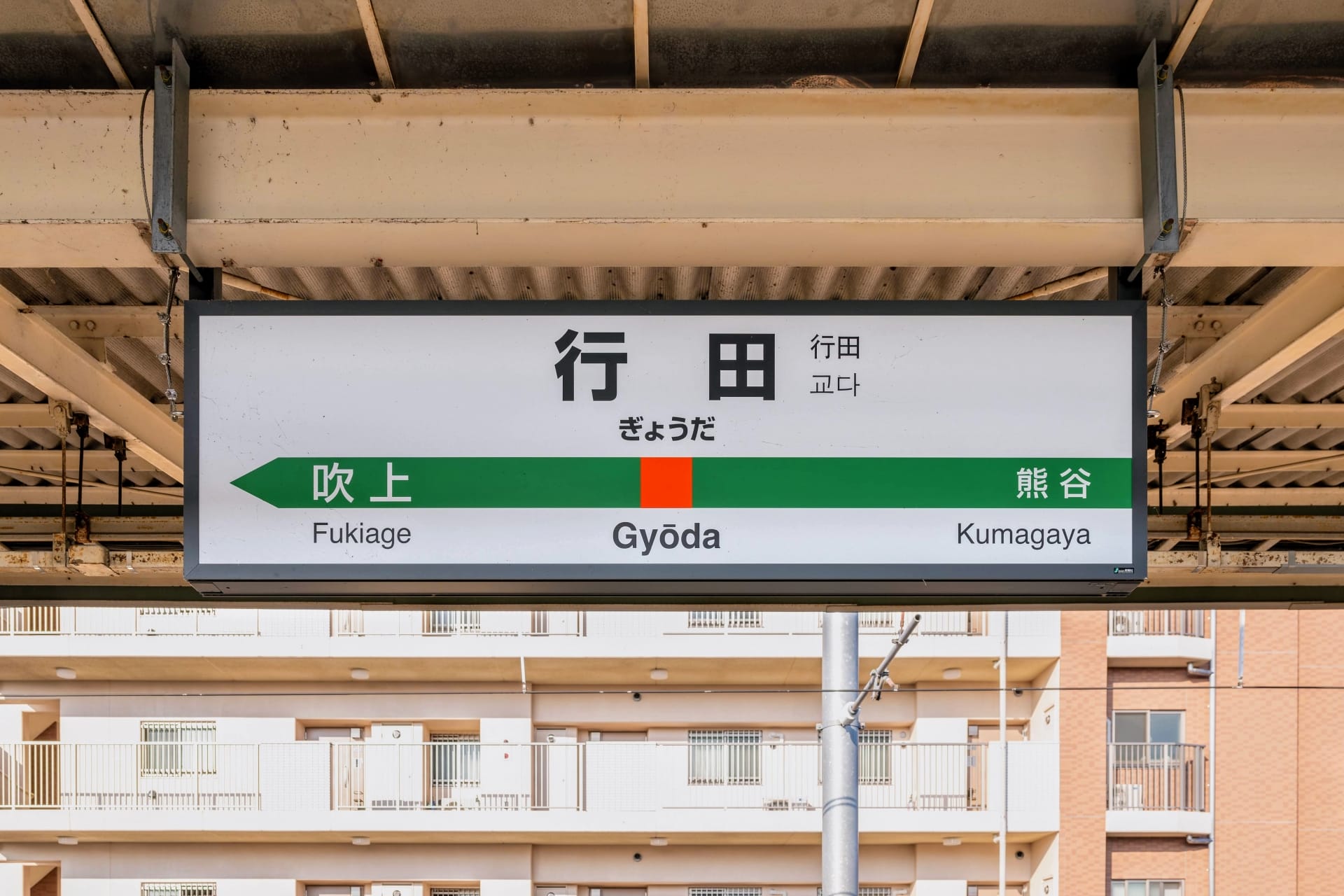 駅の標識には、都市のビル群を背景に、吹上、行田、熊谷方面への案内が書かれています。.