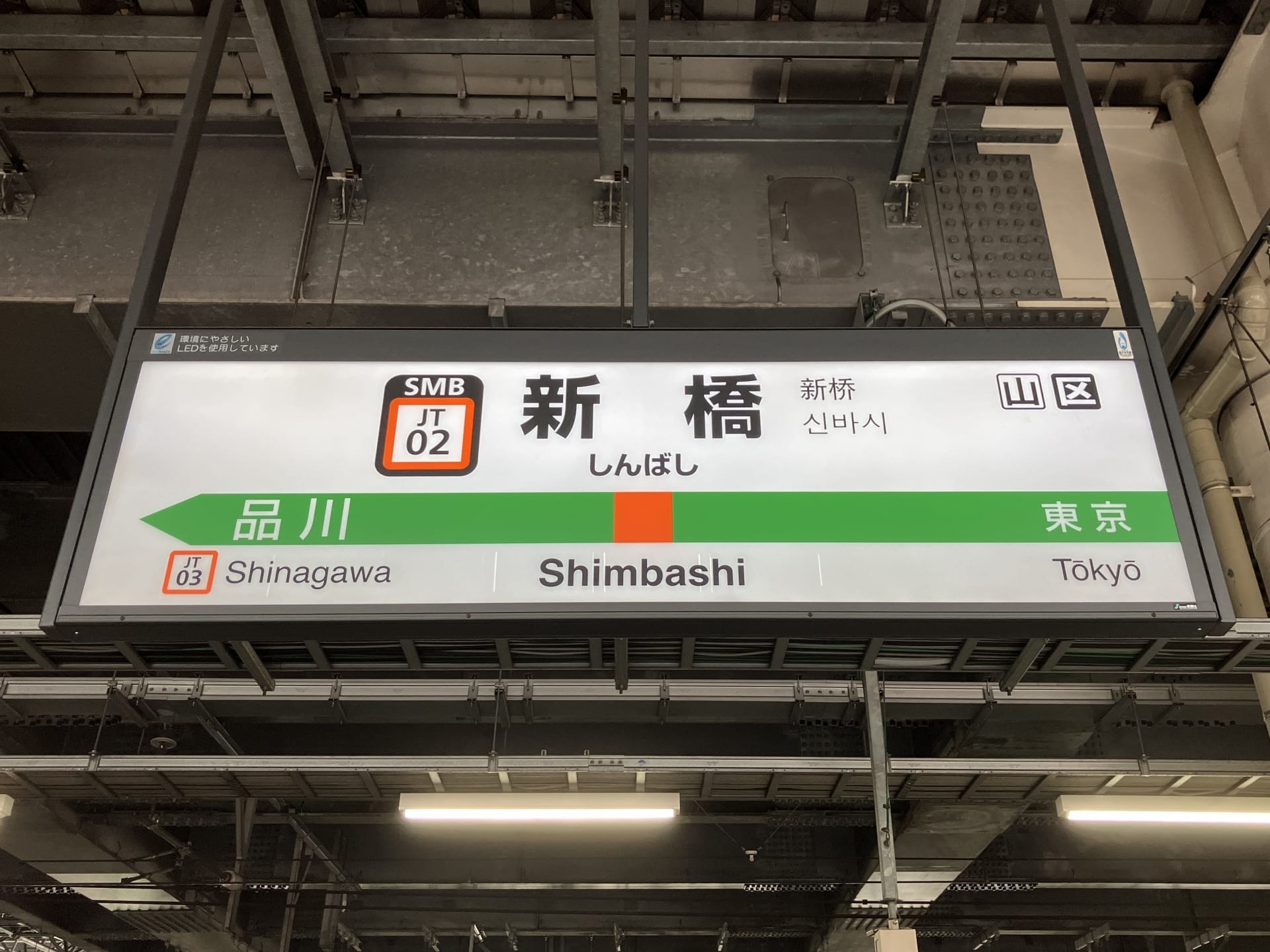 多言語で「新橋」を表示し、品川と東京への方向を示す駅看板。近くには、個人に合わせた韓国語レッスンを提供する韓国語教室マンツーマンがあります。.