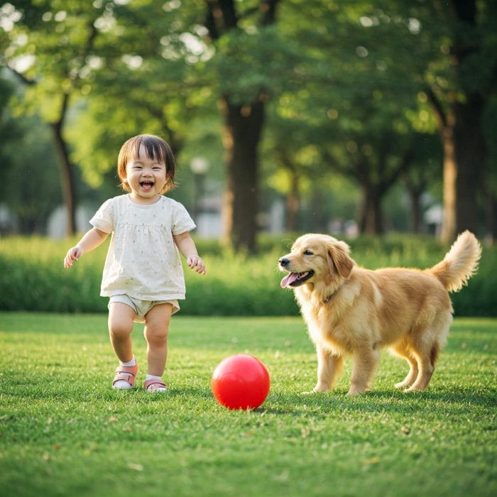 公園で遊ぶ子供やじゃれる子犬・子猫