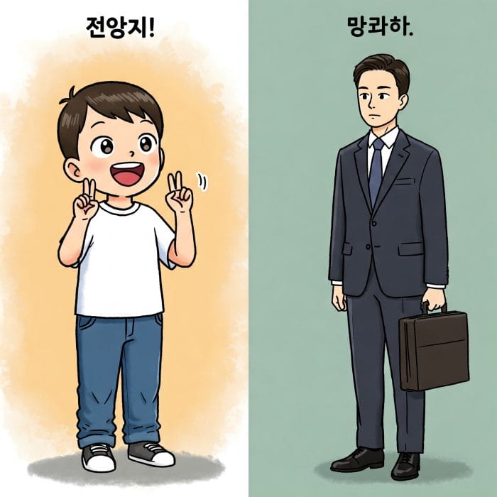 アッパとアボジの使い分けを示すイラスト(子供 vs 大人、家の中 vs 外)