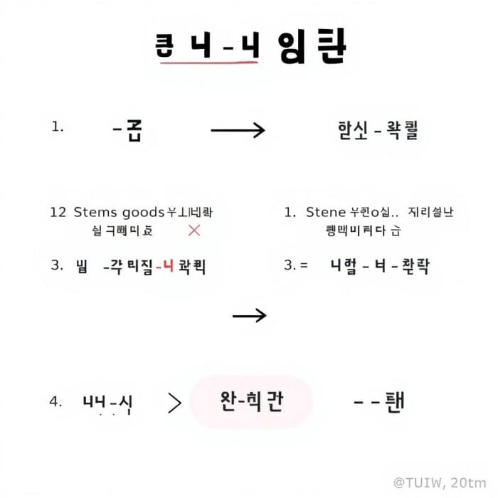 으変則活用のルールを図解したイラスト(例:예쁘다→예뻐요)