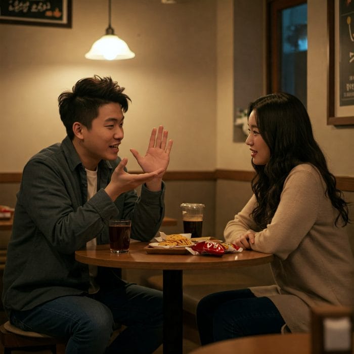 カフェで友人同士がカジュアルに会話している様子