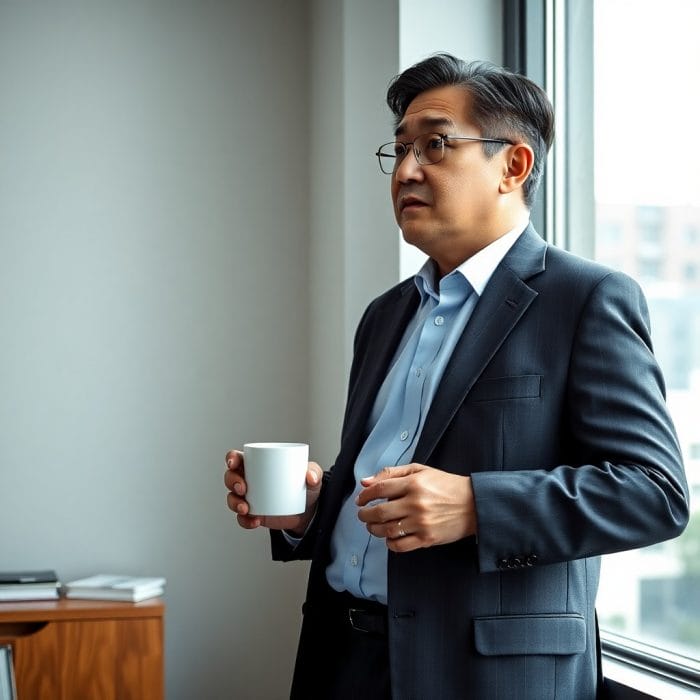 オフィスで将来について考え込む中高年の韓国人男性