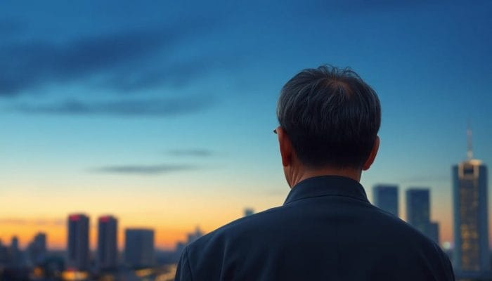 窓の外を眺める中高年男性の後ろ姿、サネデジャンブの哀愁