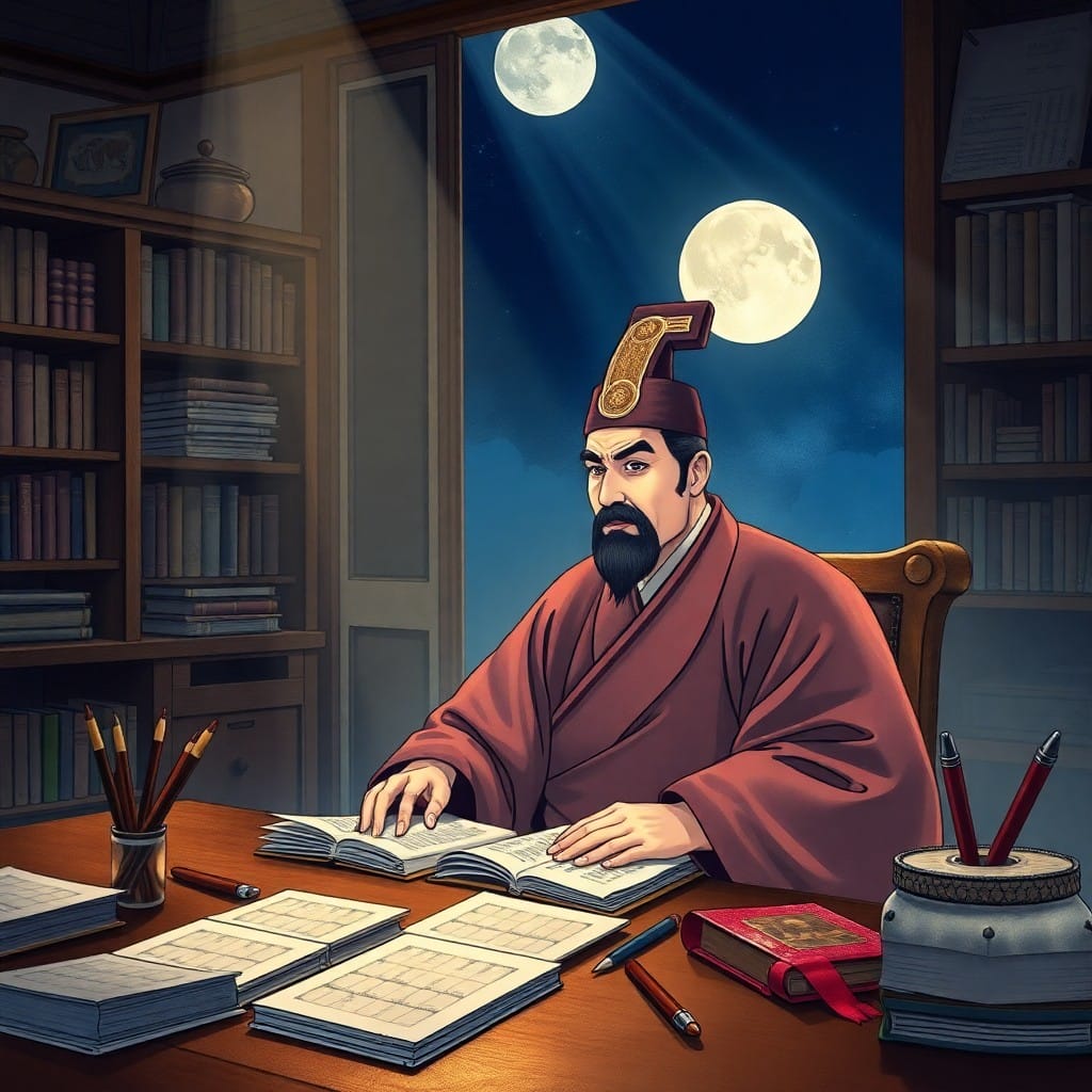 書斎で政務に励む正祖(または英祖)のイラスト