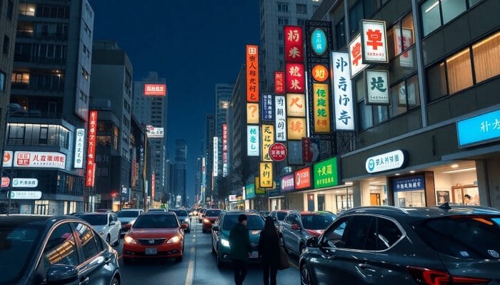 夜、煌々と明かりが灯る韓国の塾街の風景