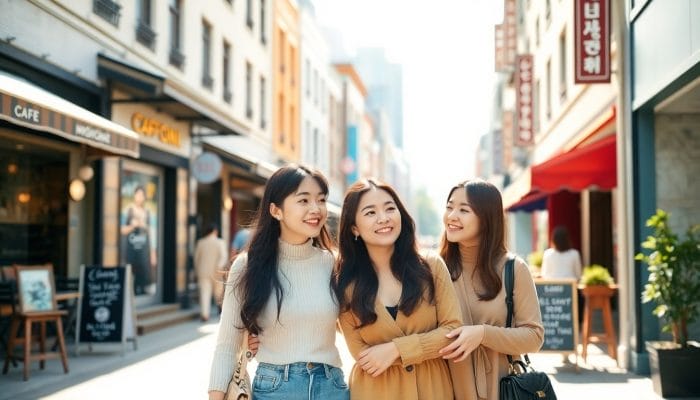 腕を組んで楽しそうに歩く韓国人女性二人