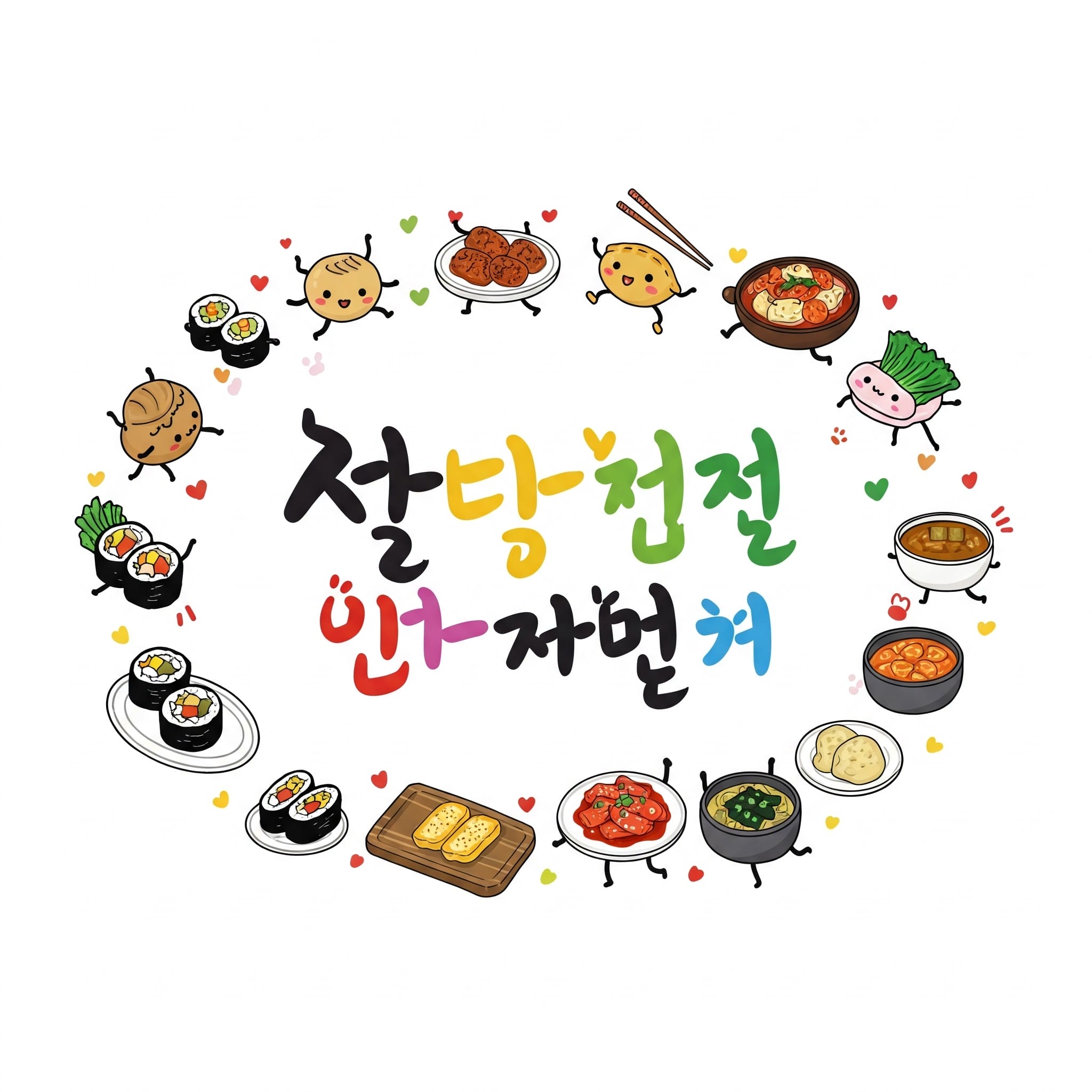 かわいい漫画の韓国料理と笑顔の食材が、カラフルな韓国語の文字の周りに円を描いて配置され、画像全体に小さなハートが散りばめられています。. かわいい漫画の韓国料理と笑顔の食材が、カラフルな韓国語の文字の周りに円を描いて配置され、画像全体に小さなハートが散りばめられています。.