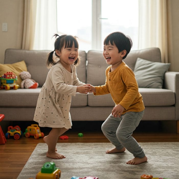 韓国人の兄と妹が家の中で楽しそうに一緒に遊んでいる心温まるシーン。親密な兄妹の絆が示されている。