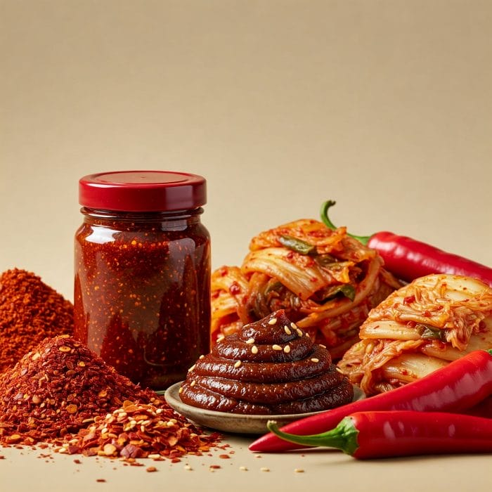 コチュカル（唐辛子粉）、コチュジャン（唐辛子味噌）、キムチ、生の赤唐辛子など、様々な韓国の辛い食材の鮮やかな赤色を強調したクローズアップ写真。