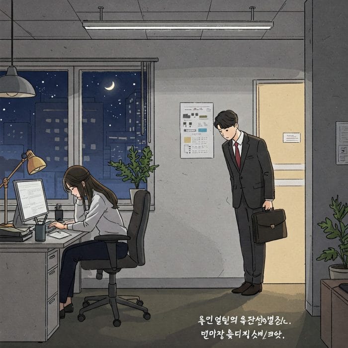 夜のオフィスで別れの挨拶をする社員のイラスト