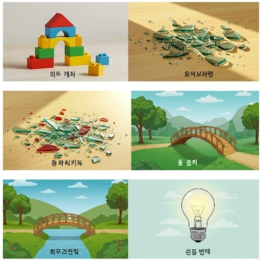 「作られる(만들어지다)」「壊れる(깨지다)」「消える(꺼지다)」などの状況を示すイラスト