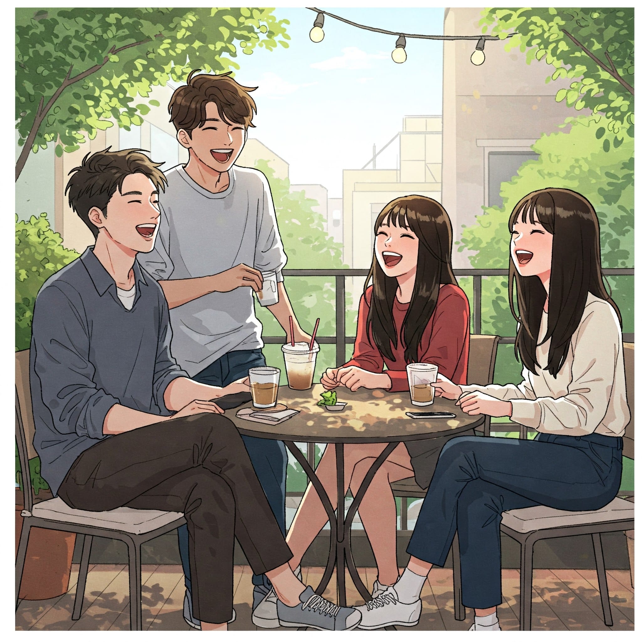 晴れた日に、4人の若者が屋外パティオのテーブルを囲んで座り、飲み物を飲みながら一緒に笑っています。.