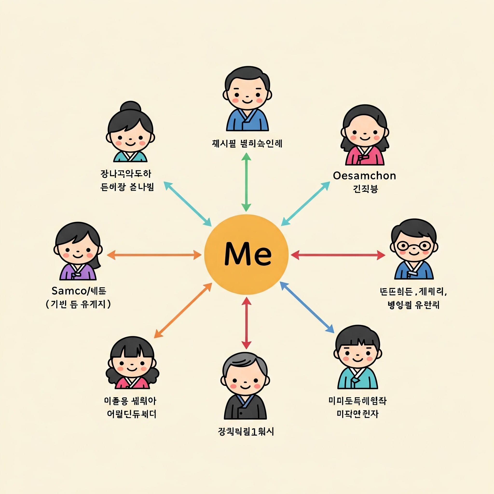 「私」を中央に配置し、矢印で 8 人の漫画の人物と接続した図。それぞれの人物には、異なる関係や役割を表す韓国語のテキストが付けられています。. 「私」を中央に配置し、矢印で 8 人の漫画の人物と接続した図。それぞれの人物には、異なる関係や役割を表す韓国語のテキストが付けられています。.