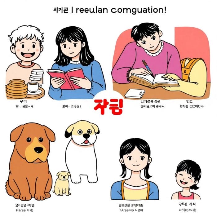 「お腹が空く(배고파요)」「書く(써요)」「忙しい(바빠요)」「大きい(커요)」などの状況を示すイラストコラージュ