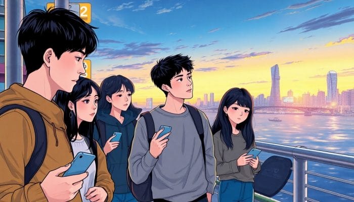 都会の夜景を背景に、物憂げな表情の韓国の若者たち