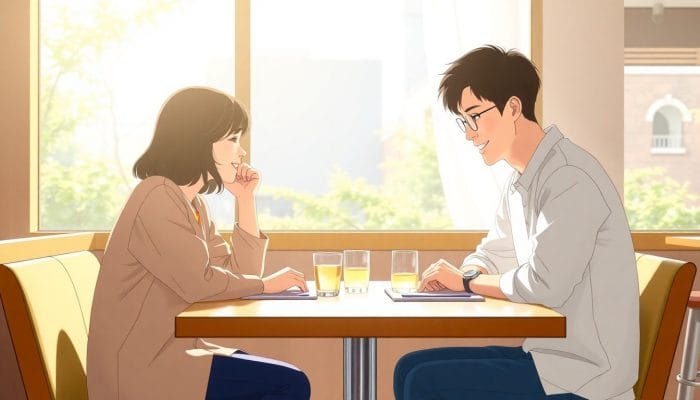 カフェで笑顔で会話する日本人と韓国人