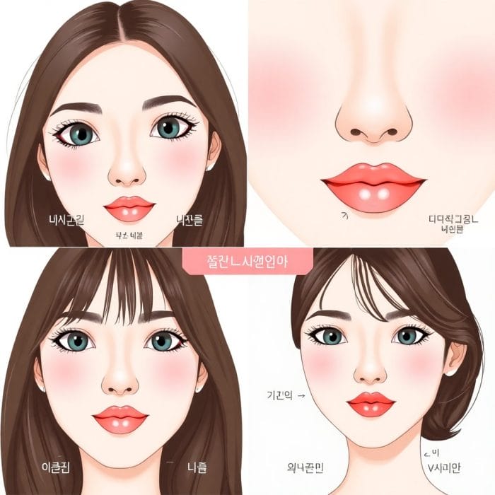 様々な顔のパーツ(目、鼻、口、輪郭など)のイラストや写真コラージュと韓国語表現