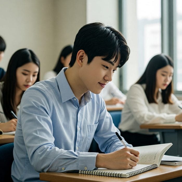 講義室やセミナー会場のような場所で、熱心にメモを取りながら先生の説明を聞いている学生。「イヘヘッソ」と納得したような表情。知的な雰囲気。