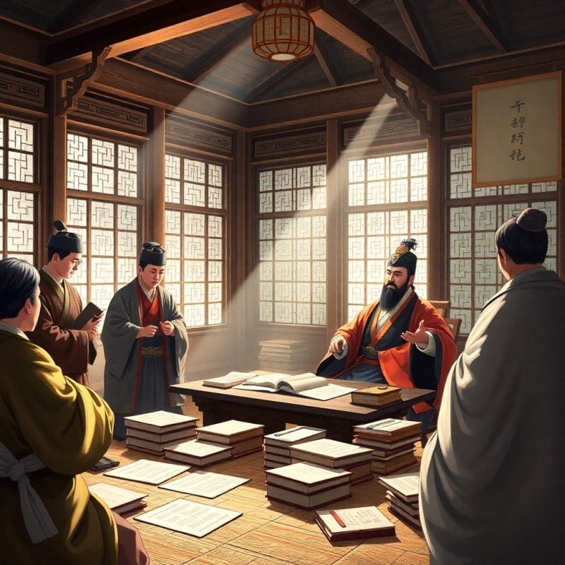集賢殿で学者たちと議論する世宗大王のイラスト