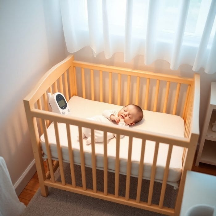 ベビーベッドで穏やかに眠る赤ちゃん