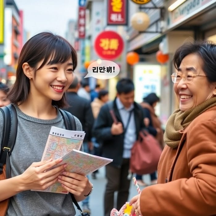 韓国旅行中に現地の人と挨拶を交わす旅行者