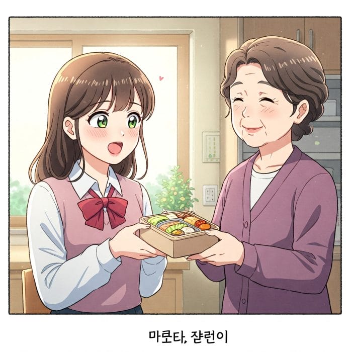 若い女性が先輩らしき女性から弁当を受け取るイラスト